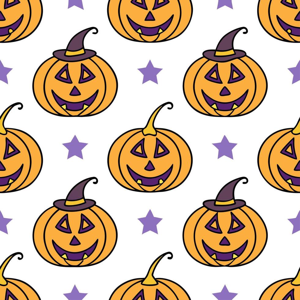Jack o lanterns and witches seamless tile pattern with vibrant orange and magical elements for enchanting Halloween decor concept as Vibrant orange jack o lanterns and magical witc Clear vector
