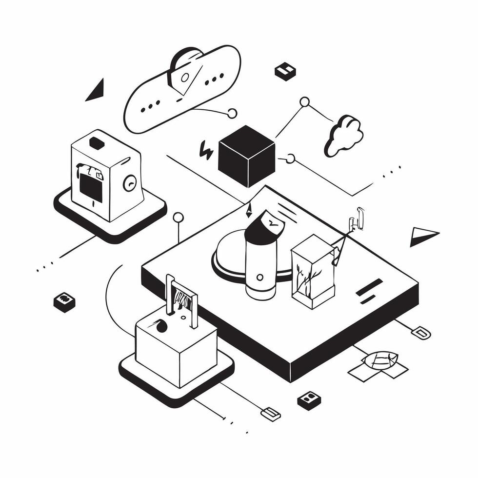 Integrating IoT Devices in Smart Home concept as Integrating IoT devices to enhance the functionality and connectivity of a smart home ecosystemSimple flat illustration in isometr Clear Set 2 vector