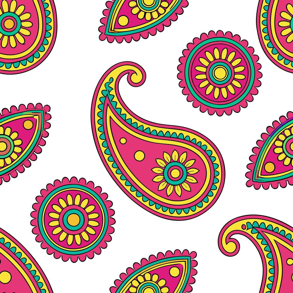 Indian vibrant sari patterns and paisleys seamless tile pattern with rich colors and traditional designs for cultural decor concept as Rich colored sari patterns and traditional pa Clear vector