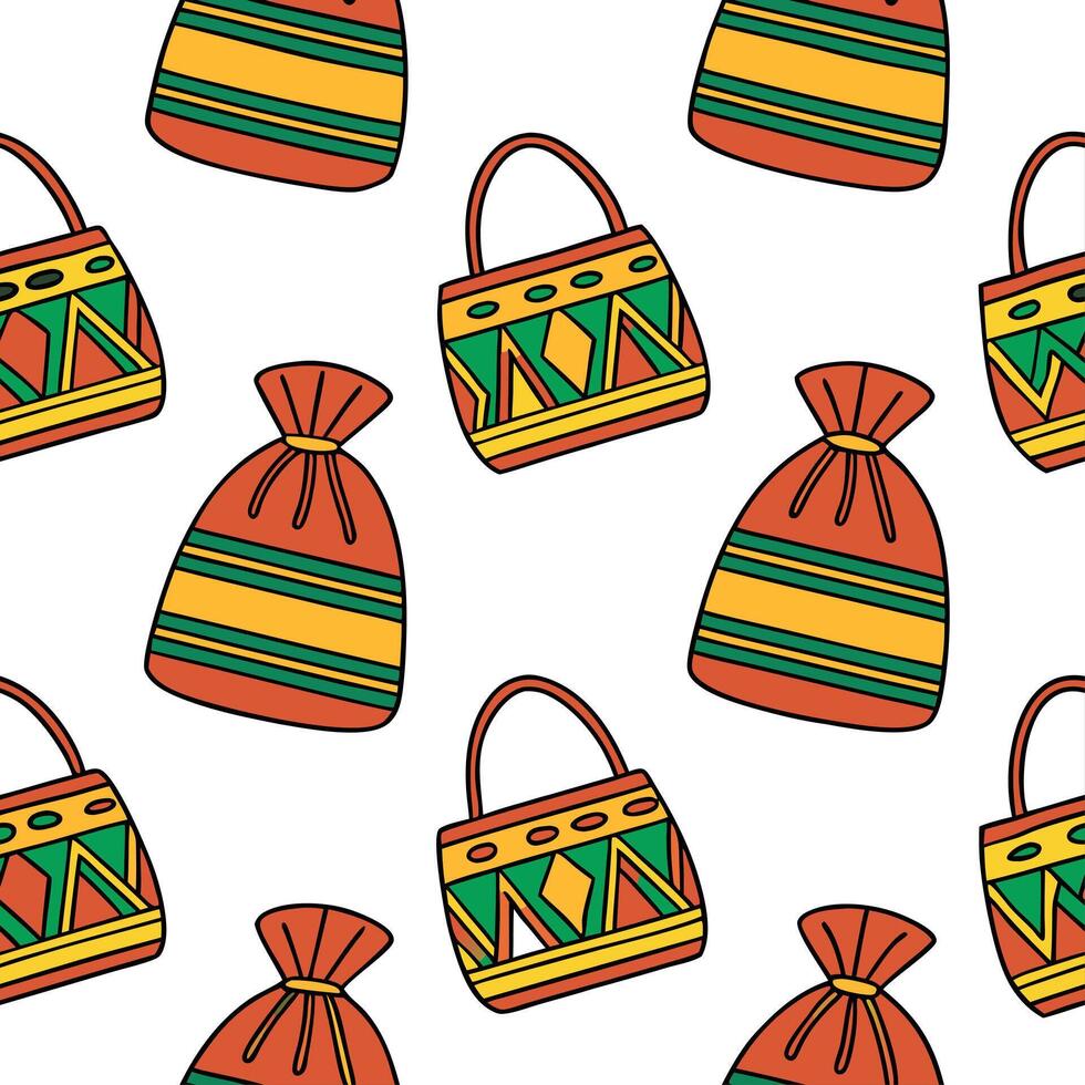 Incorporate ethnic inspired bags and pouches into seamless tile designs using vibrant patterns and traditional fabrics concept as Feature ethnic bags and pouches in seamless patte Clear vector