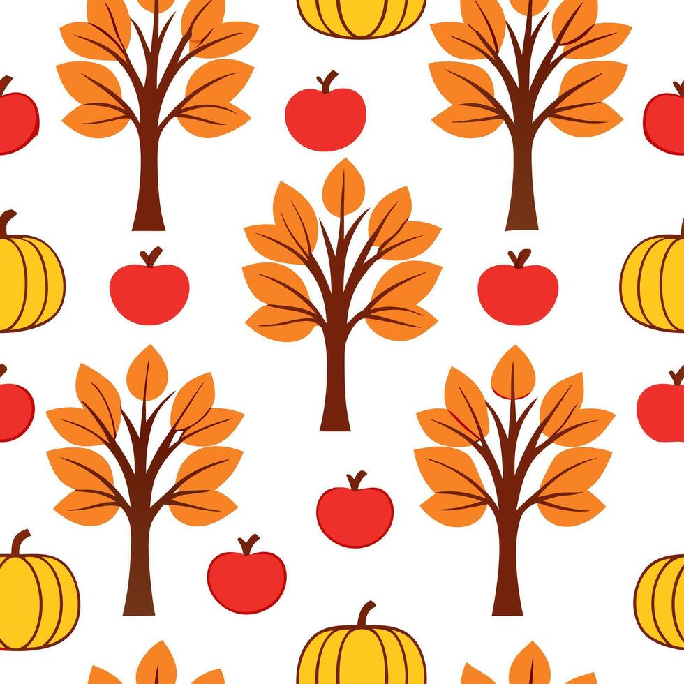 Harvest autumn trees seamless tile pattern with apple orchards and pumpkin vines for festive fall decor concept as Apple orchards and pumpkin vines arranged seamlessly with autumn Clear vector