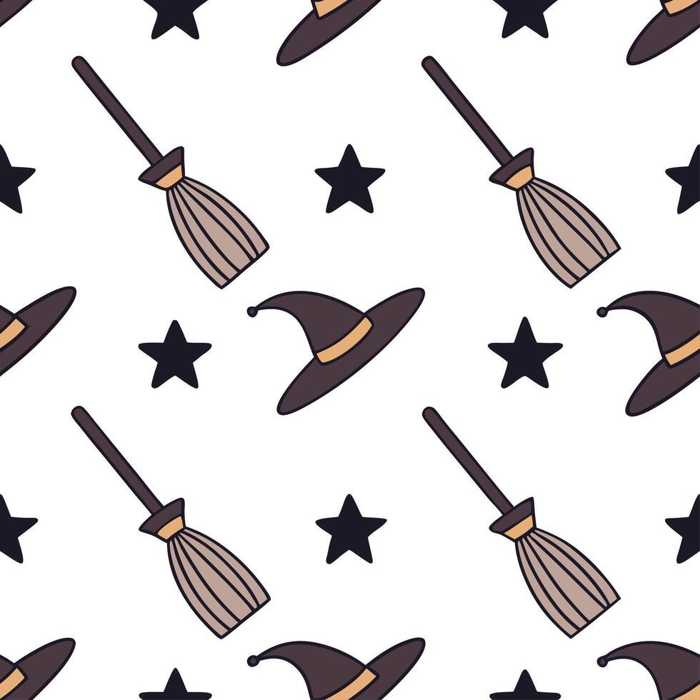 Halloween witches and broomsticks seamless tile pattern with mystical elements and dark colors for magical decor concept as Mystical witches and broomsticks arranged seamlessly wit Clear vector