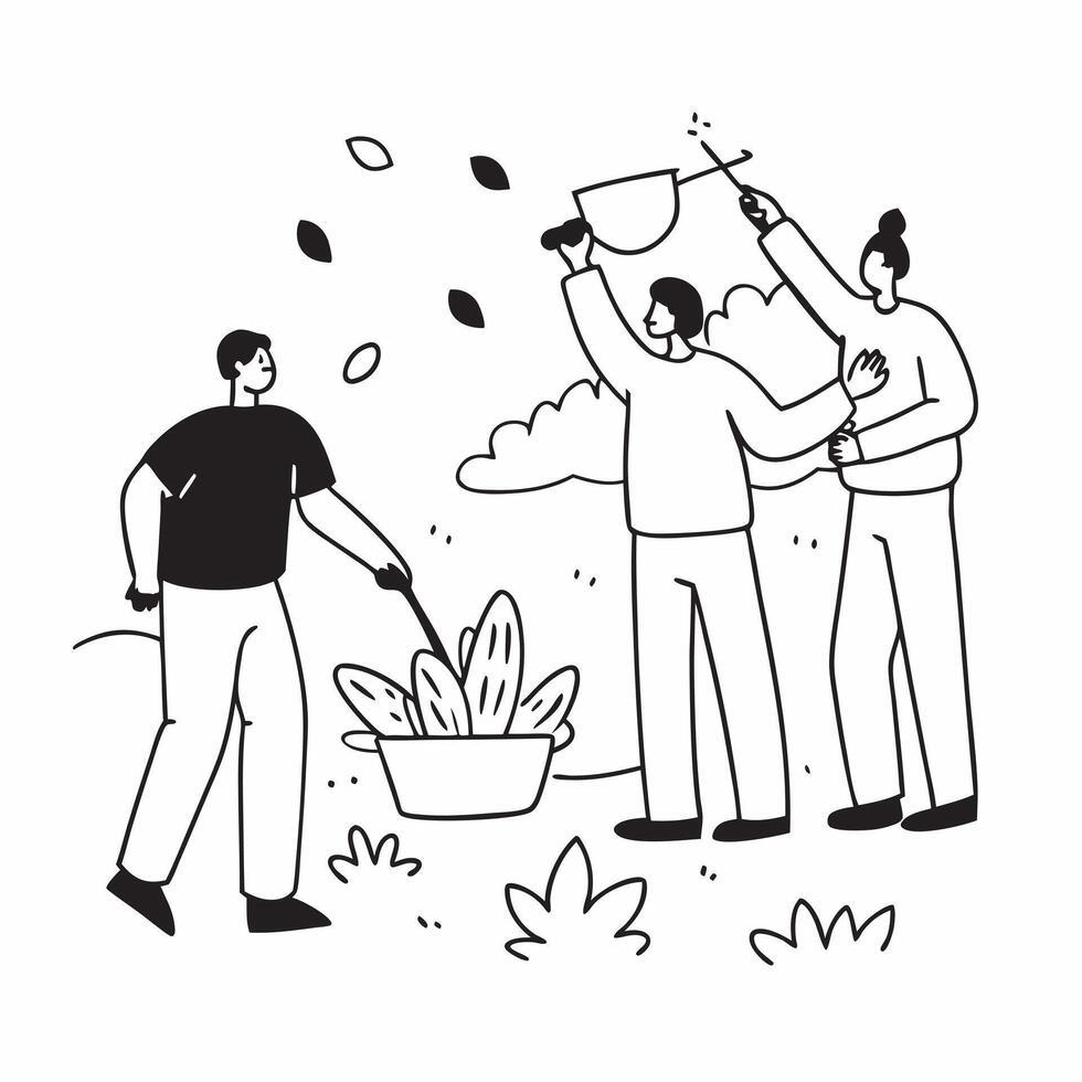 Group of volunteers planting trees in a community park concept as A group of volunteers joyfully planting trees in a community park emphasizing environmental conservation teamwork Clear vector