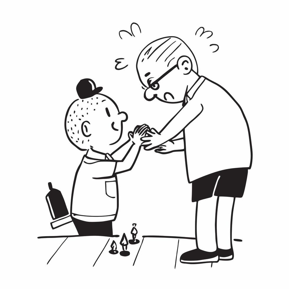 Grandfather with a hearing aid teaching grandchild to play chess concept as A grandfather with a hearing aid joyfully teaching his grandchild to play chess highlighting inclusion b Clear vector