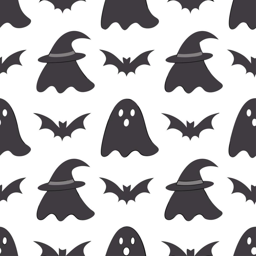 Ghosts and witches seamless tile pattern with spooky elements and dark hues for eerie Halloween decor concept as Spooky ghosts and witches arranged seamlessly with dark hues for ee Clear vector