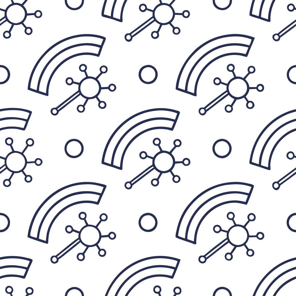 Fuse stylized symbolic forms circuit like lines and crisp white spaces into seamless pattern maximizing futuristic brand edge concept as Showcase minimal arcs bridging luminous mot Clear vector