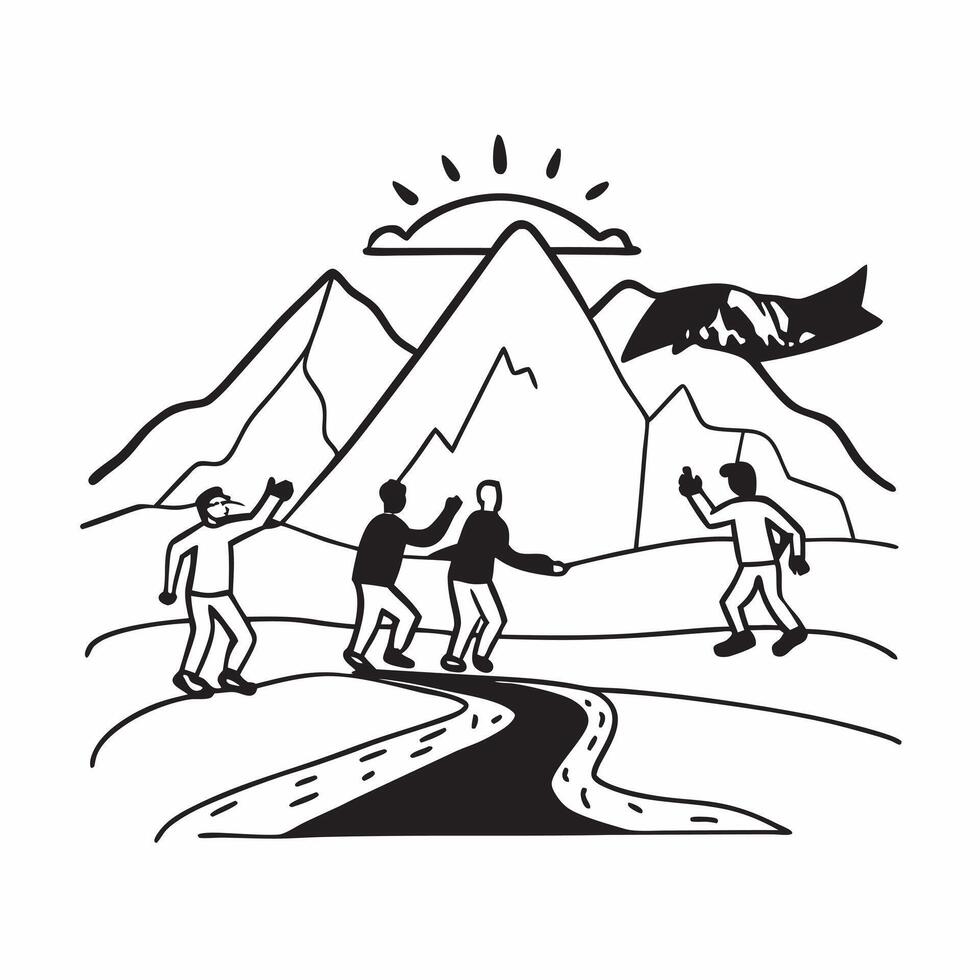 Frosty Summit Adventure concept as Adventurers trek towards the frosty summit of a snow capped mountain embracing the challenge of the climb in Photo Stock Concept Clear Set 2 vector
