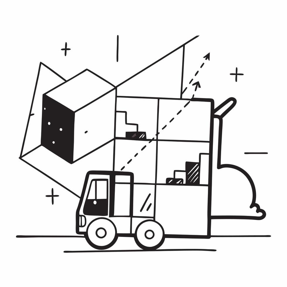 Forklift and a space planning diagram symbolizing efficient warehouse layout in double exposure with copy space concept as A forklift blended with a space planning diagram represe Clear vector