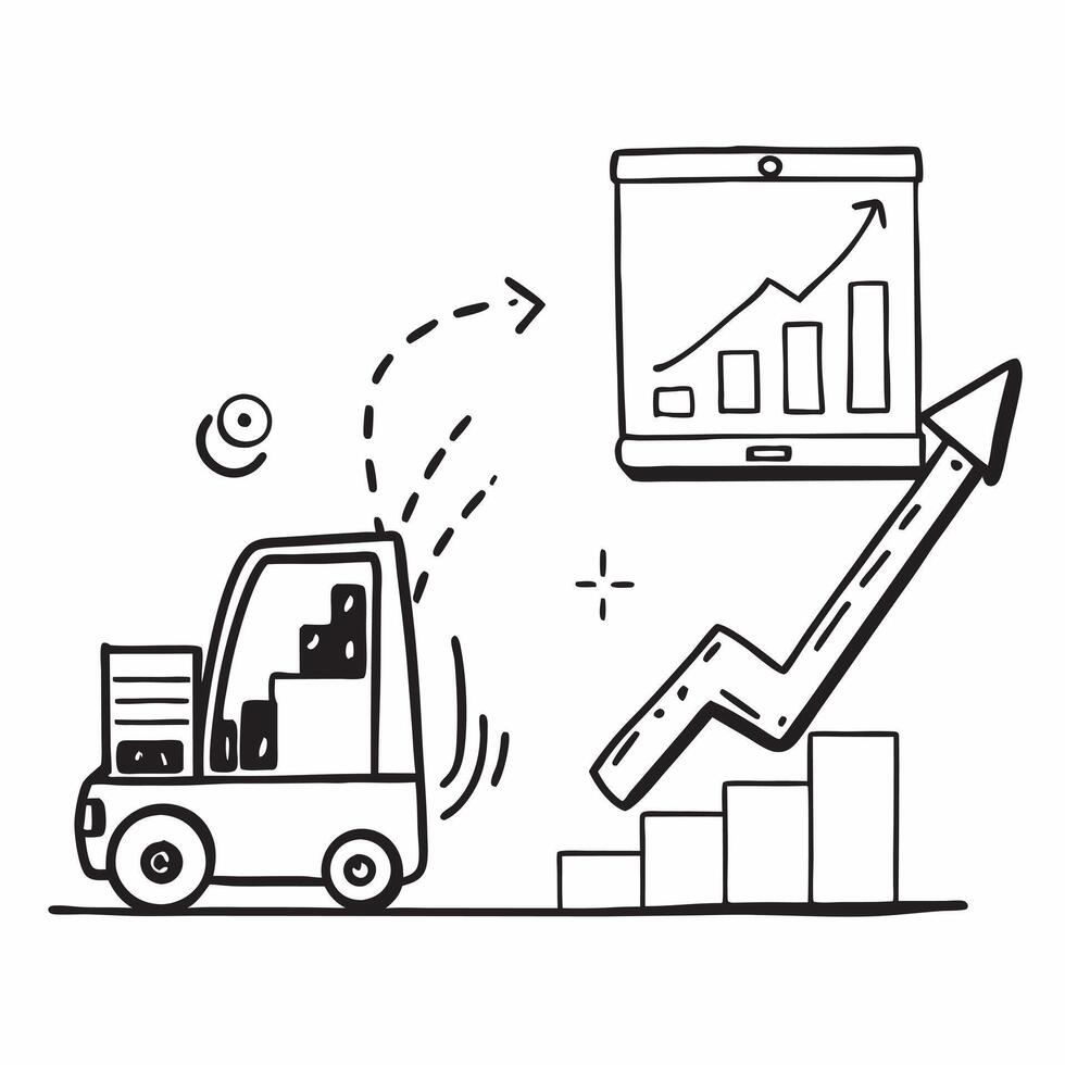 Forklift and a financial upward trend line symbolizing profit growth in double exposure with copy space concept as A forklift blended with a financial upward trend line representi Clear vector