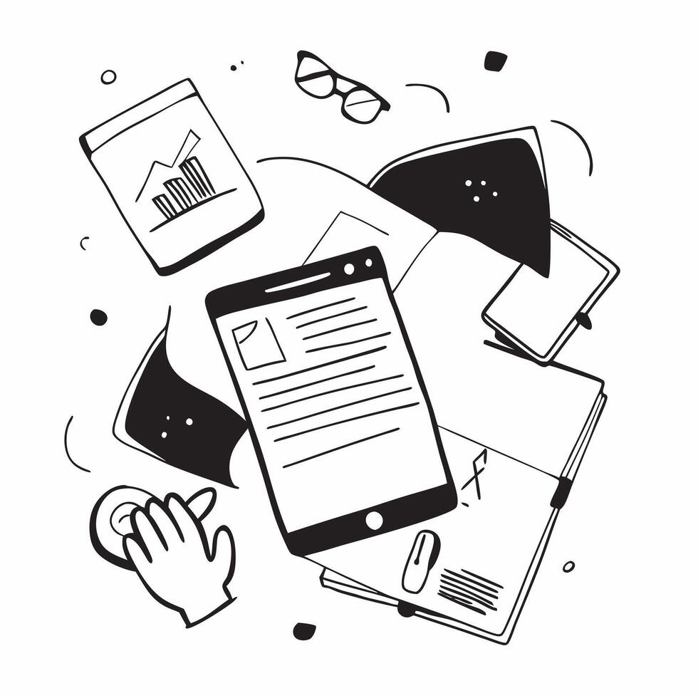 Flat lay of a tablet and glasses with sticky notes symbolizing digital organization in double exposure with copy space concept as A flat lay of a tablet and glasses intertwined wi Clear vector