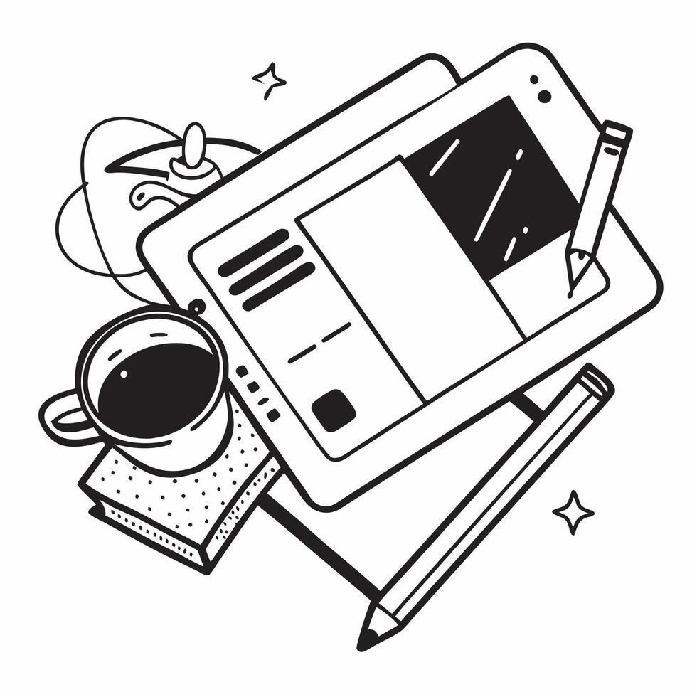 Flat lay of a tablet and coffee mug with a sketchbook symbolizing digital and traditional tools in double exposure with copy space concept as A flat lay of a tablet and coffee mug Clear vector