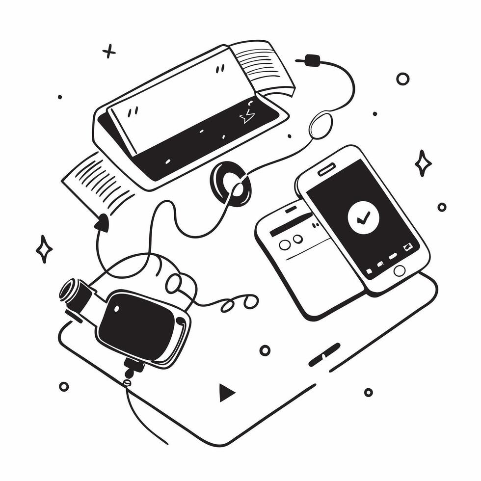 Flat lay of a smartphone and earbuds with a laptop symbolizing mobile workspace in double exposure with copy space concept as A flat lay of a smartphone and earbuds intertwined wi Clear vector