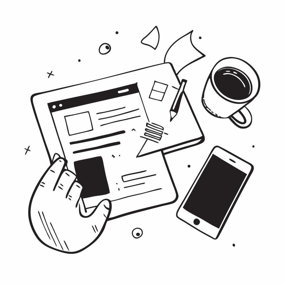 Flat lay of a tablet and phone with a coffee cup symbolizing digital workspace in double exposure with copy space concept as A flat lay of a tablet and phone intertwined with a co Clear vector