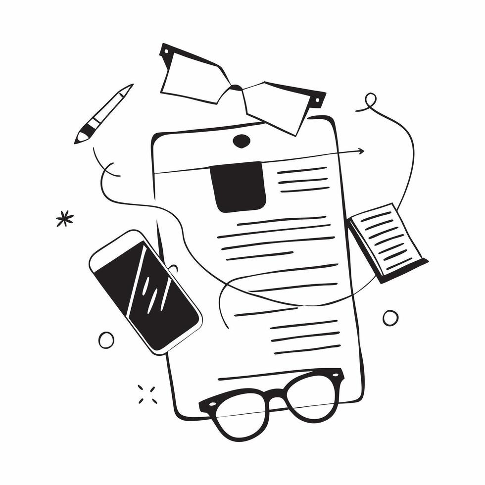 Flat lay of a smartphone and glasses with sticky notes symbolizing communication in double exposure with copy space concept as A flat lay of a smartphone and glasses intertwined w Clear vector