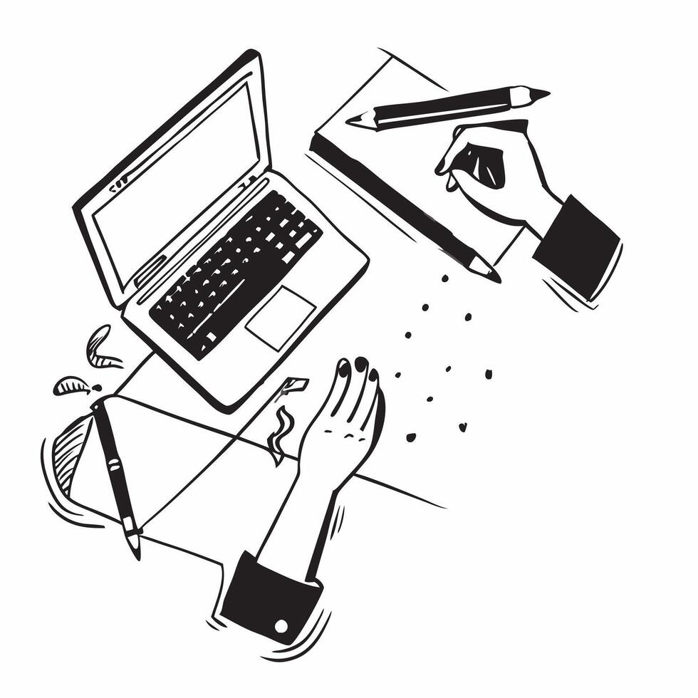 Flat lay of a notebook and pen with a laptop symbolizing productivity in double exposure with copy space concept as A flat lay of a notebook and pen intertwined with a laptop repr Clear vector