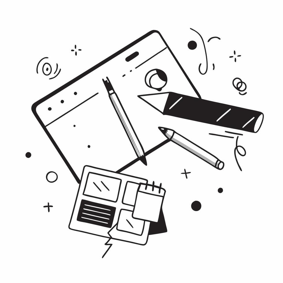 Flat lay of a keyboard and a graphic tablet with a stylus symbolizing digital creativity in double exposure with copy space concept as A flat lay of a keyboard and a graphic table Clear vector