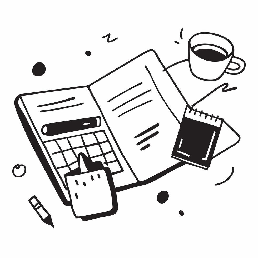 Flat lay of a keyboard and a coffee cup with a planner symbolizing office essentials in double exposure with copy space concept as A flat lay of a keyboard and a coffee cup intert Clear vector