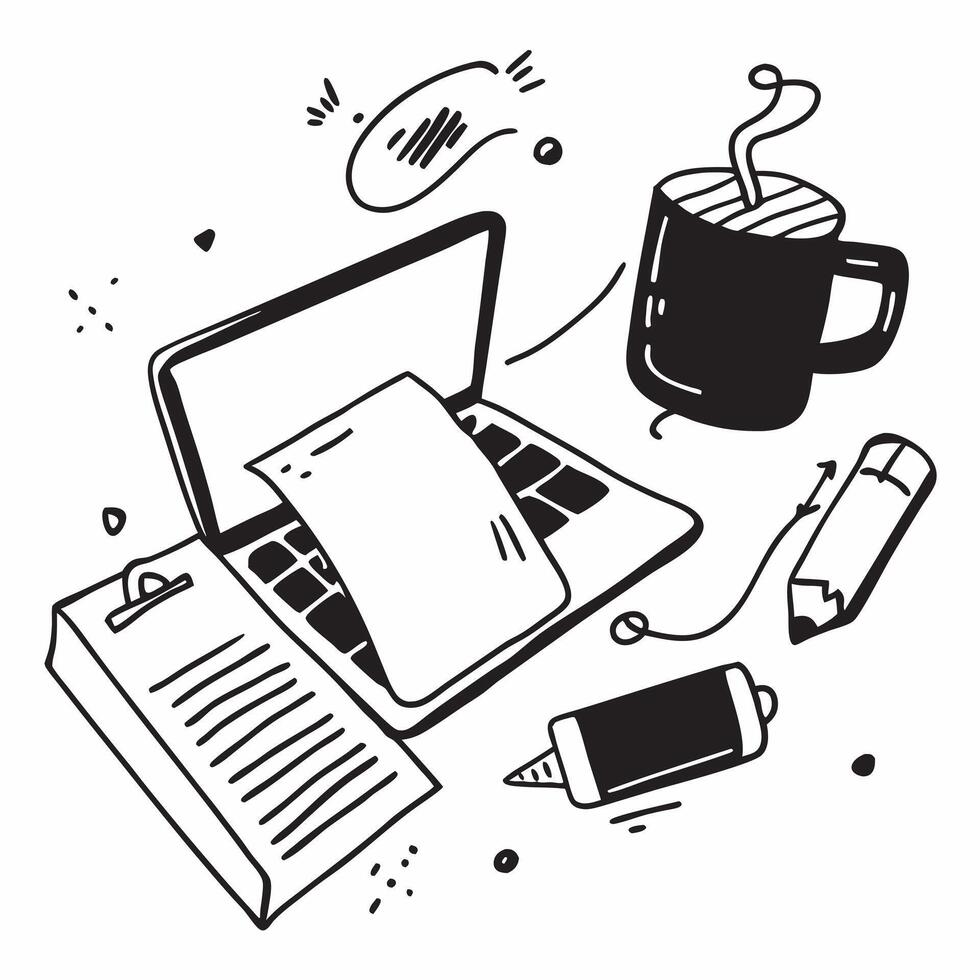 Flat lay of a laptop and a coffee mug with a planner symbolizing productivity in double exposure with copy space concept as A flat lay of a laptop and a coffee mug intertwined wit Clear vector
