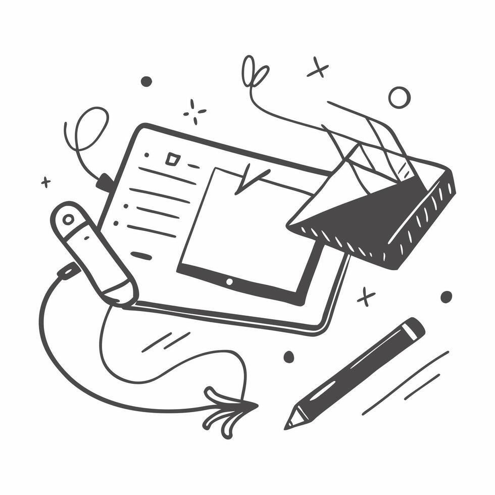 Flat lay of a graphic tablet and stylus with a laptop symbolizing design tools in double exposure with copy space concept as A flat lay of a graphic tablet and stylus intertwined Clear vector