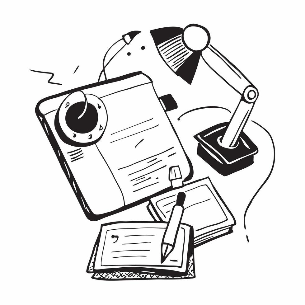 Flat lay of a desk lamp and a phone with a notepad symbolizing study in double exposure with copy space concept as A flat lay of a desk lamp and a phone intertwined with a notepad Clear vector