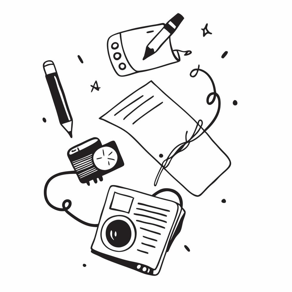 Flat lay of a camera and phone with a notepad symbolizing multimedia office tools in double exposure with copy space concept as A flat lay of a camera and phone intertwined with a Clear vector