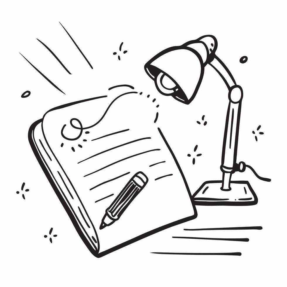 Flat lay of a desk lamp and notepad with a pen symbolizing planning in double exposure with copy space concept as A flat lay of a desk lamp and notepad intertwined with a pen repr Clear vector
