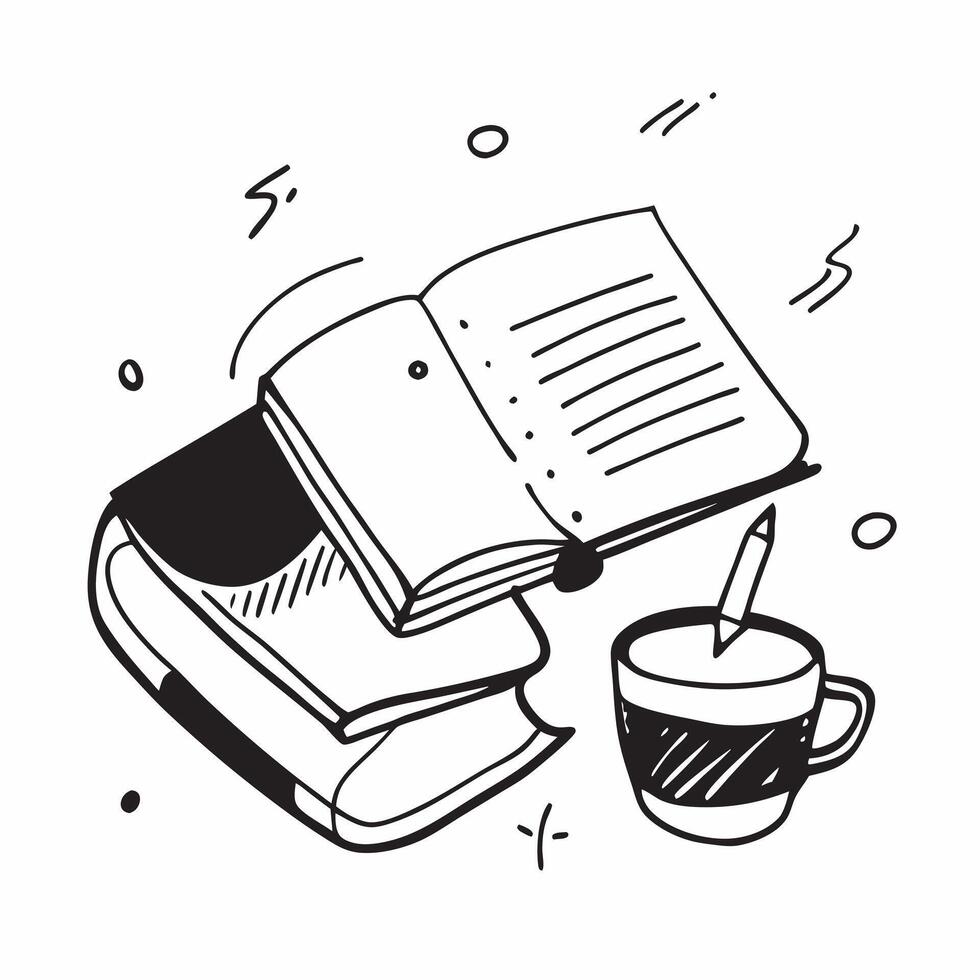 Flat lay of a coffee mug and notepad with a pencil symbolizing brainstorming in double exposure with copy space concept as A flat lay of a coffee mug and notepad intertwined with Clear vector