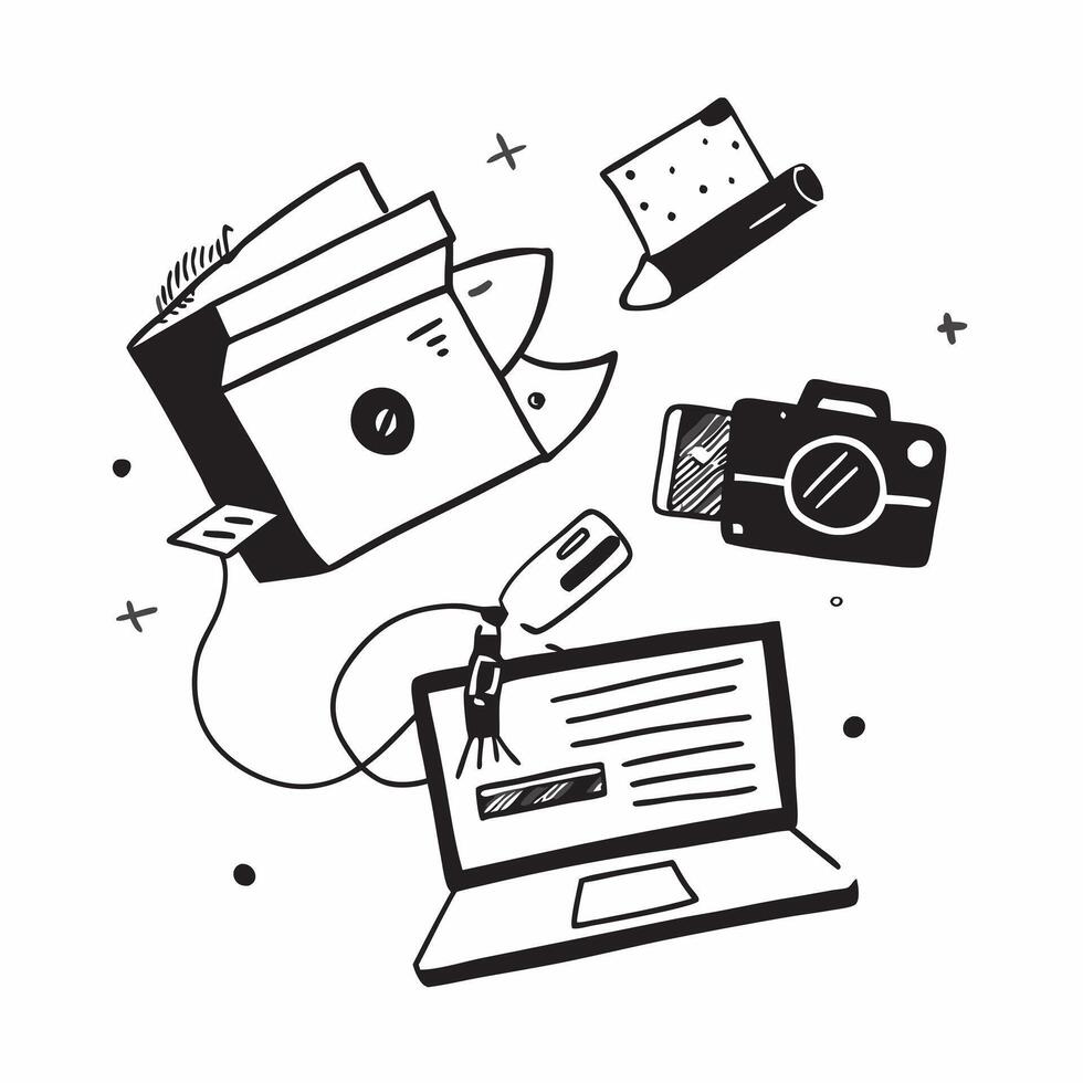 Flat lay of a camera and a laptop with a notepad symbolizing creative tools in double exposure with copy space concept as A flat lay of a camera and a laptop intertwined with a no Clear vector