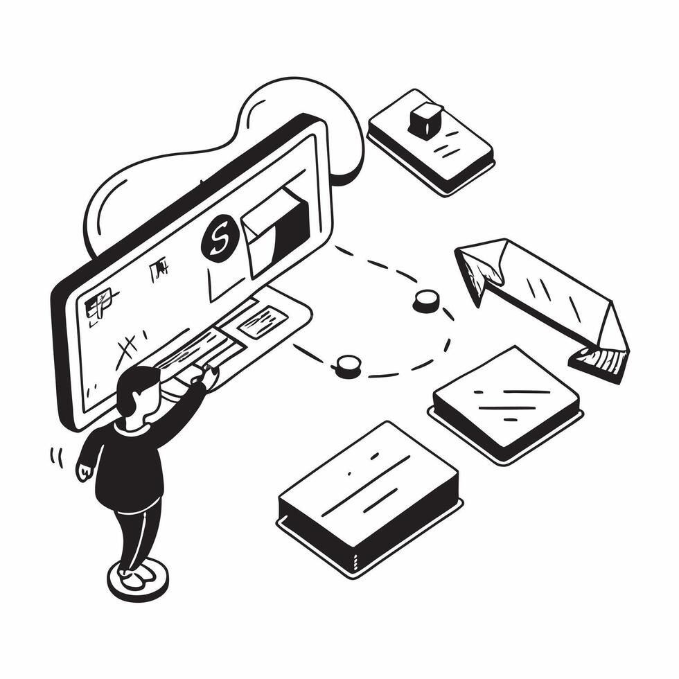 flat icon Web Surfing at Work concept as A worker distracted by non work related web surfing during office hours decreasing productivitySimple flat illustration in isometric scene Clear vector