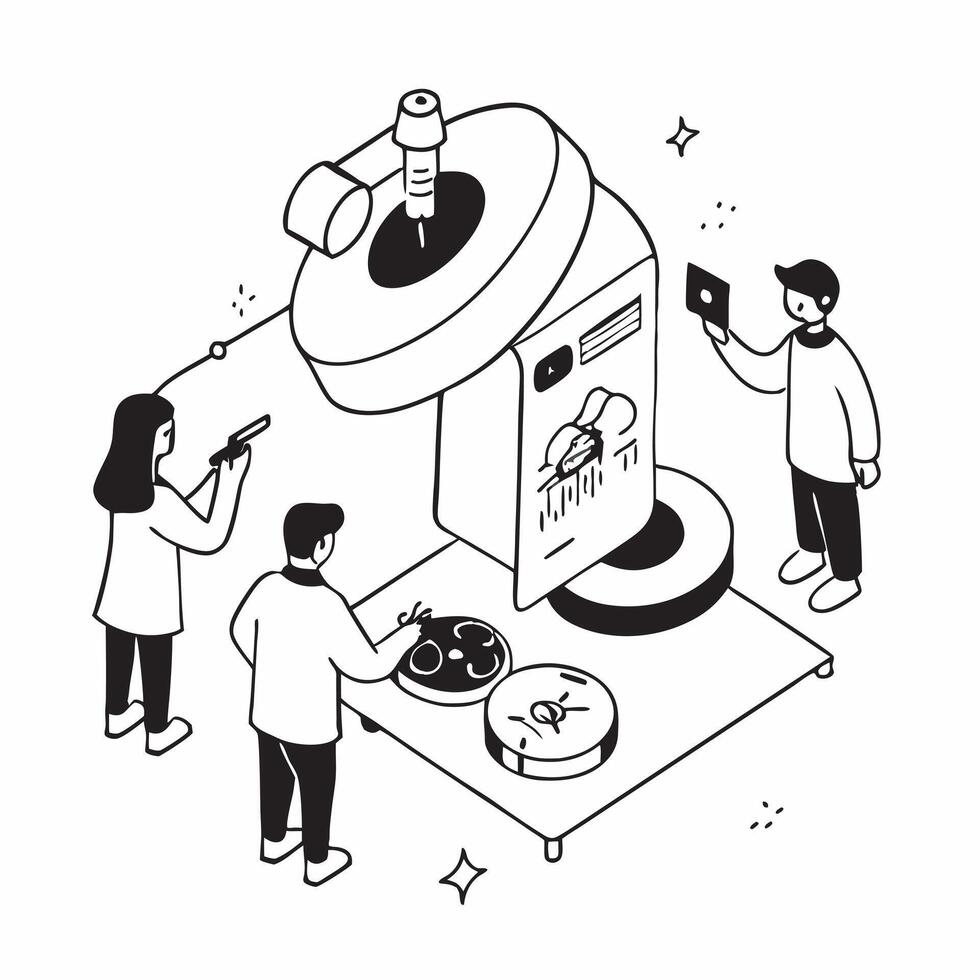 flat icon Cancer Research in Biotech concept as Researchers in a biotech lab work on new therapies for cancer treatment using cellular technologySimple flat illustration in isomet Clear vector