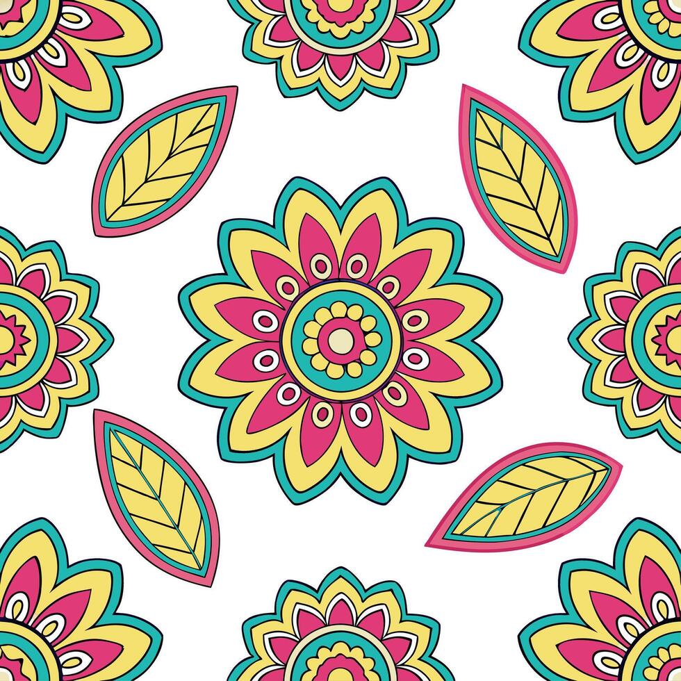 Ethnic patterns seamless design with floral motifs and bright colors for a vibrant lively cultural look concept as Vibrant ethnic patterns with floral motifs and bright colors perf Clear vector