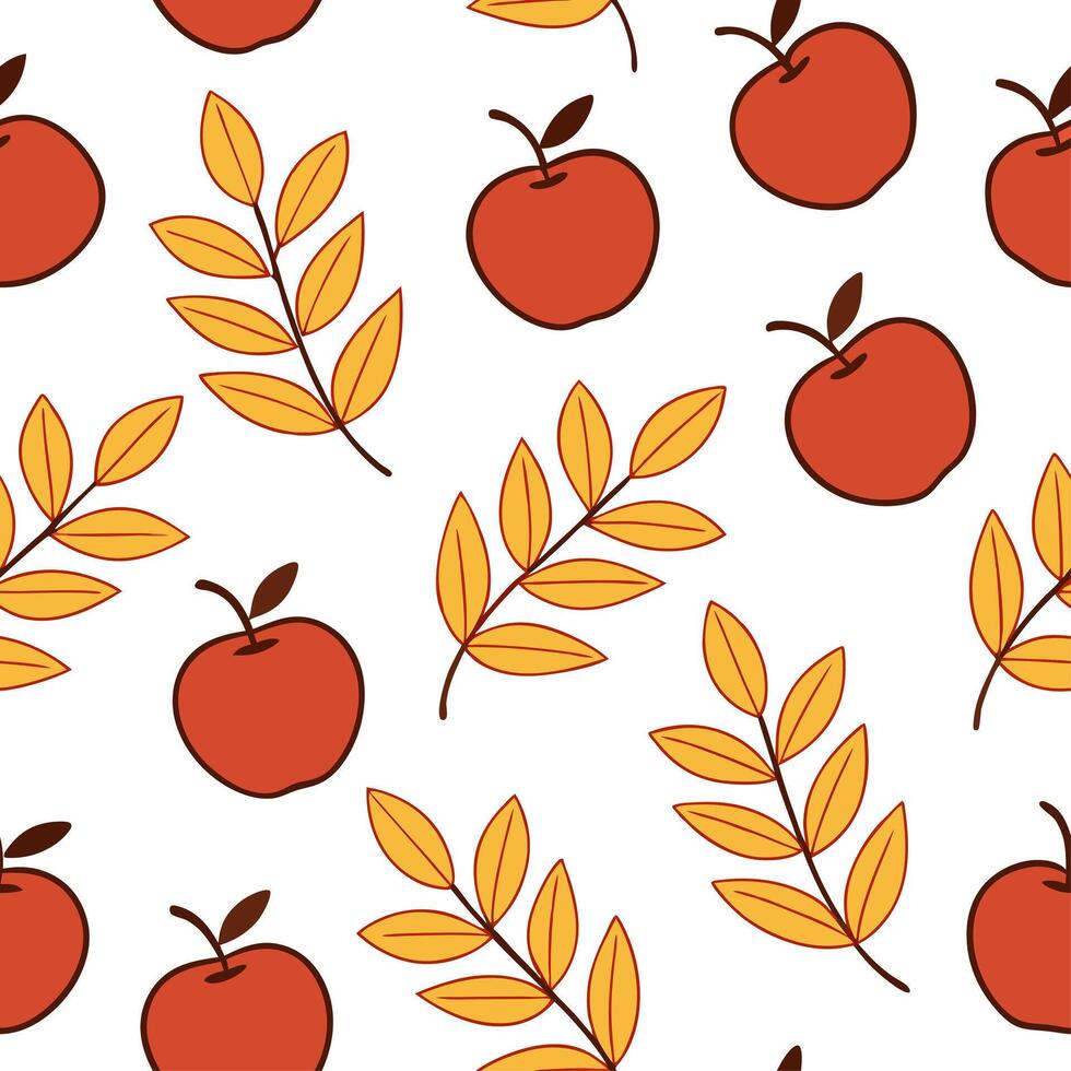 Elegant autumn harvest seamless pattern with bright red apples amber leaves and delicate branches for a refined fall design concept as Refined autumn harvest pattern with red apple Clear vector