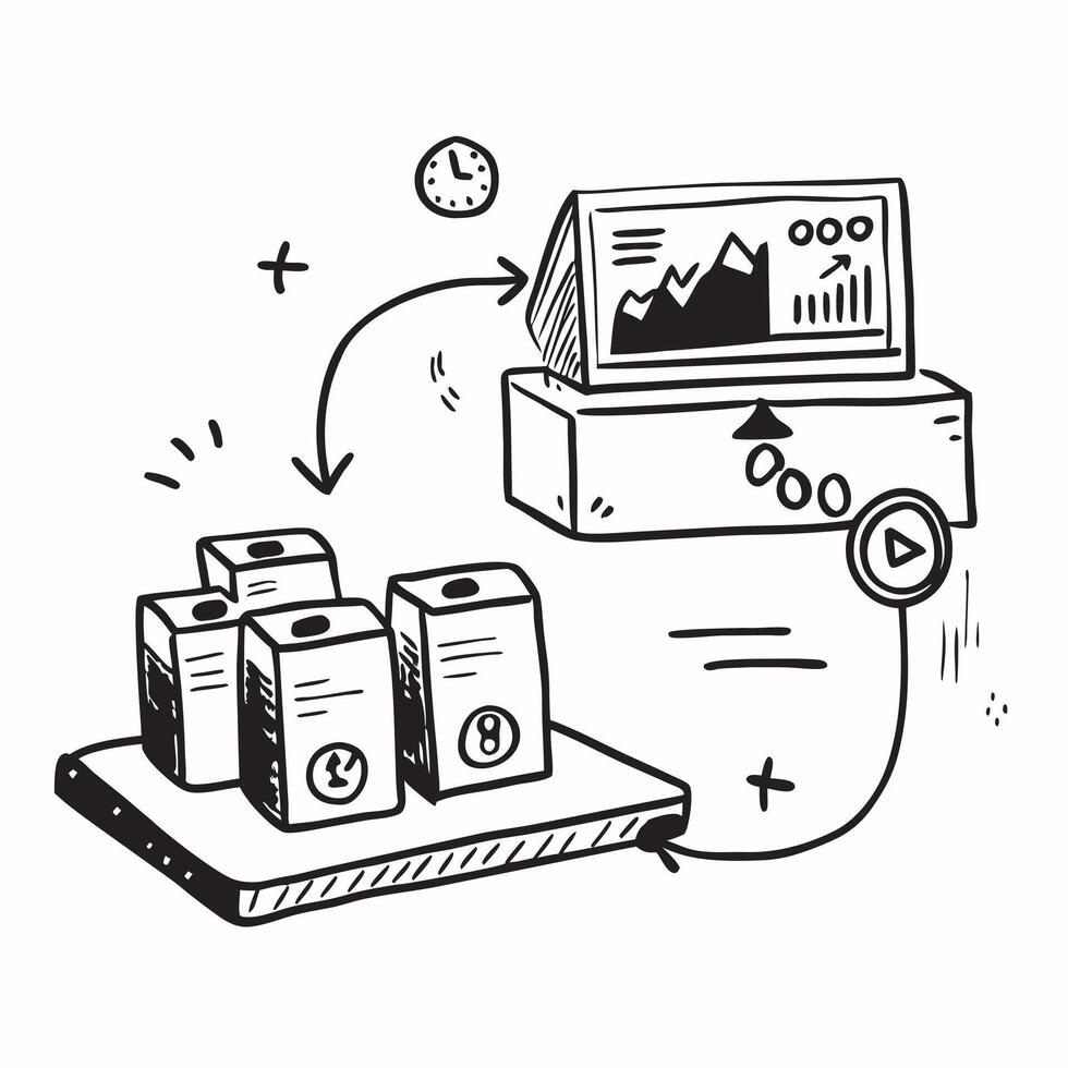 Conveyor system and a stock prediction dashboard symbolizing inventory forecasting in double exposure with copy space concept as A conveyor system blended with a stock prediction Clear vector