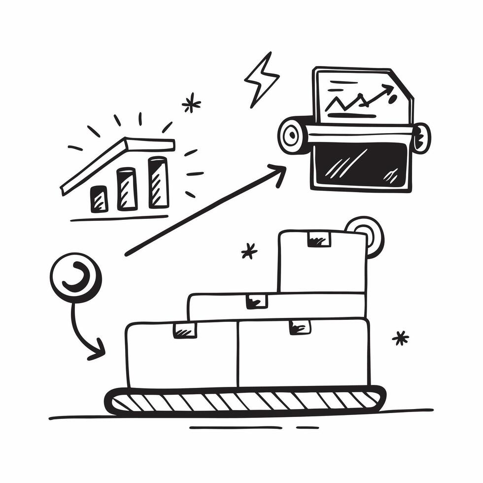 Conveyor system and a demand forecast chart symbolizing demand forecasting in double exposure with copy space concept as A conveyor system blended with a demand forecast chart rep Clear vector