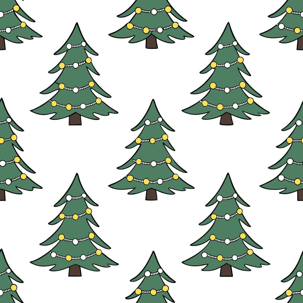Christmas trees seamless tile pattern with snow covered branches and festive lights for holiday decor concept as Snow covered Christmas tree branches and festive lights arranged se Clear vector