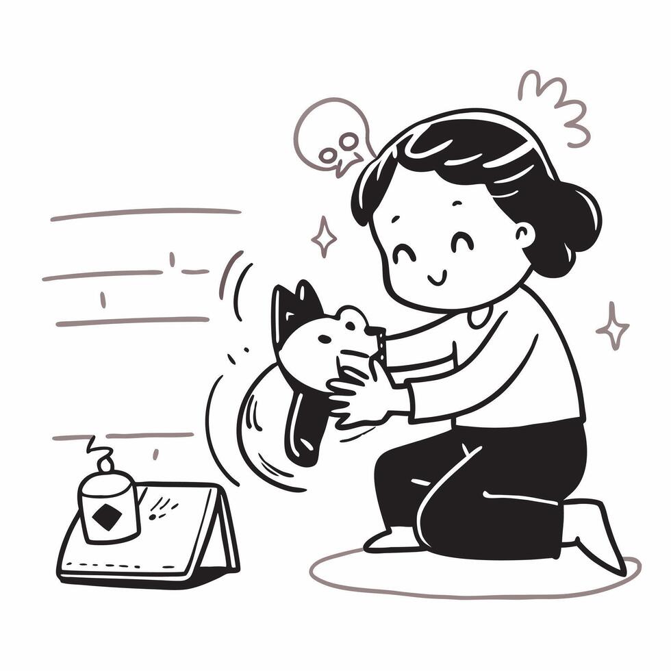 Child with epilepsy playing with her therapy cat concept as A child with epilepsy joyfully playing with her therapy cat in her bedroom emphasizing the strong bond and therapeutic b Clear vector
