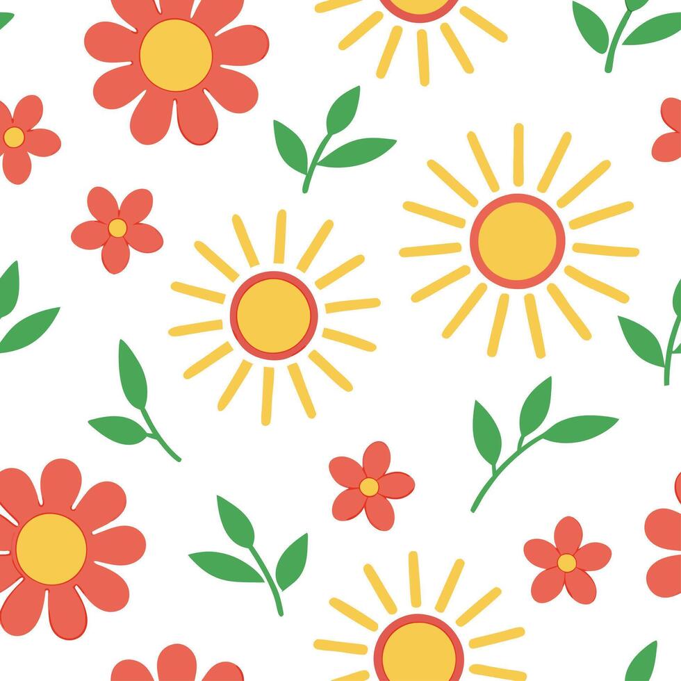 Bright summer seamless pattern with floral blooms and radiant sun beams for a lively cheerful vibe concept as Cheerful floral summer pattern with vibrant blooms and radiant sun bea Clear vector