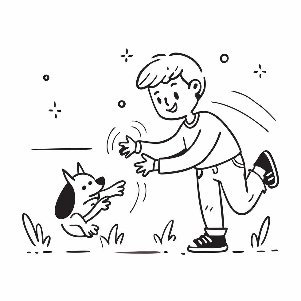 Boy with ADHD playing with his dog in the yard concept as A boy with ADHD joyfully playing with his dog in the yard illustrating the strong bond and the benefits of physical activi Clear vector