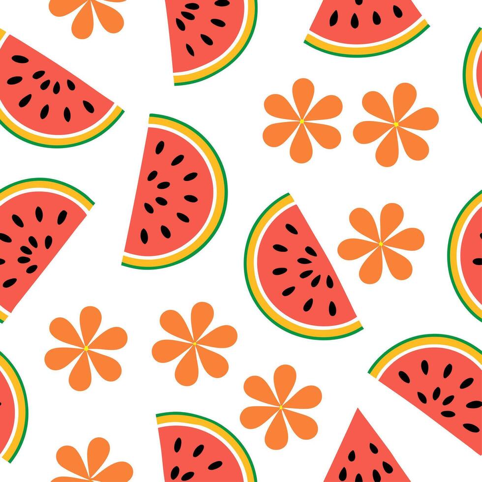 Bold summer seamless pattern with tropical fruit slices and bright floral accents for a fun tropical look concept as Tropical fruit and flower pattern with bold slices and bright c Clear vector