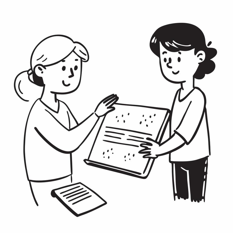 Blind woman teaching her friend how to read Braille concept as A blind woman happily teaching her friend how to read Braille showcasing joy inclusion and the importance of accessib Clear vector