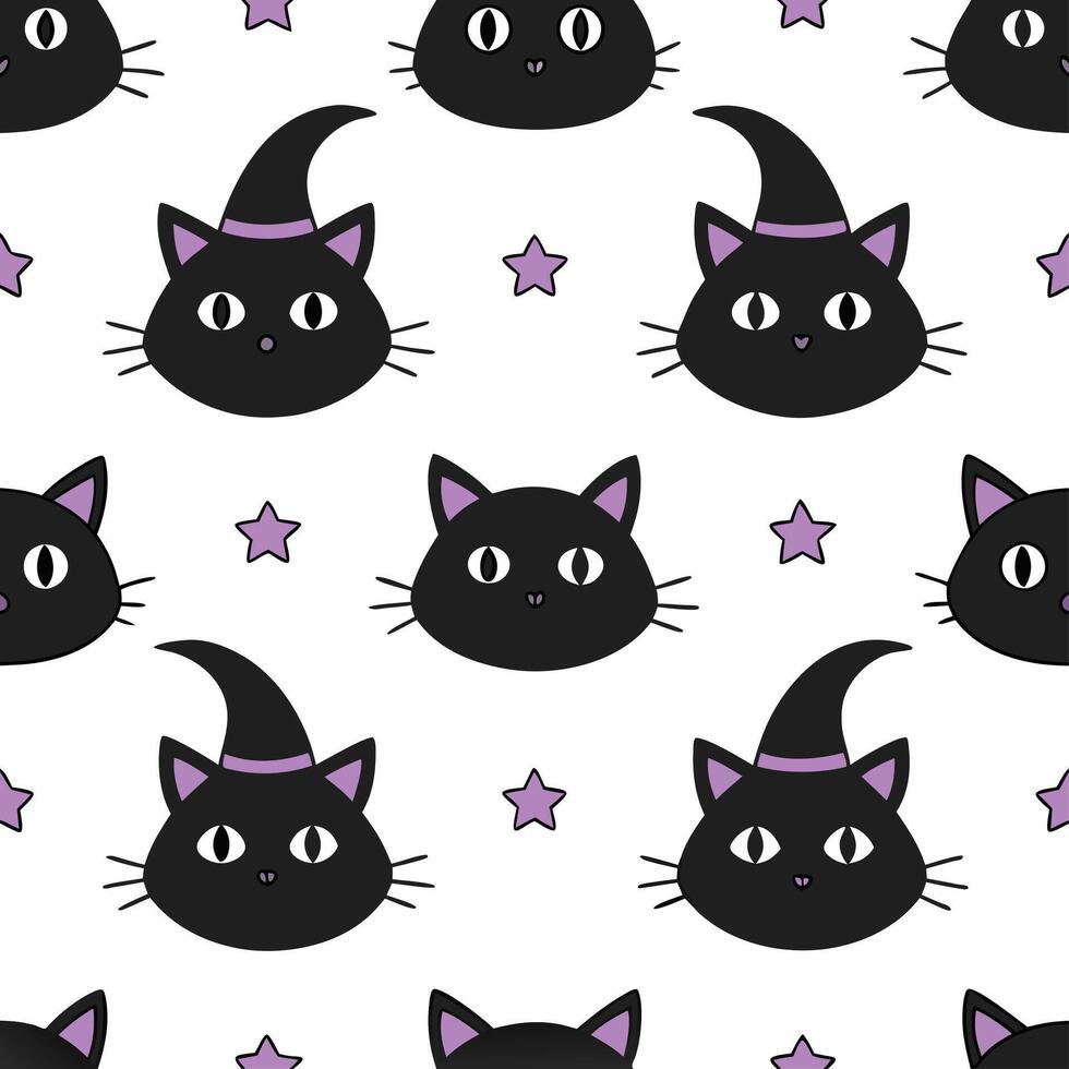 Black cats and witches seamless tile pattern with mystical elements and dark colors for magical Halloween decor concept as Mystical black cats and witches arranged seamlessly with Clear vector