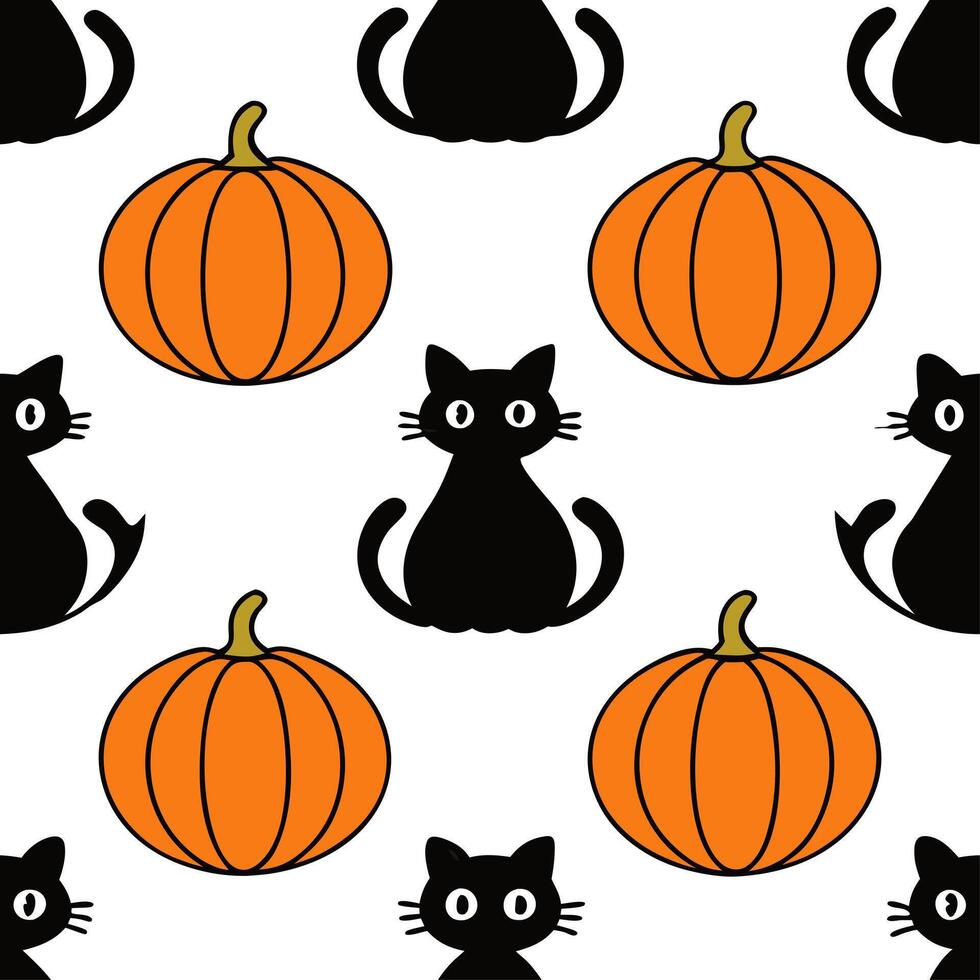 Black cats and pumpkins seamless tile pattern with spooky elements and vibrant orange tones for festive Halloween decor concept as Spooky black cats and vibrant orange pumpkins arr Clear vector