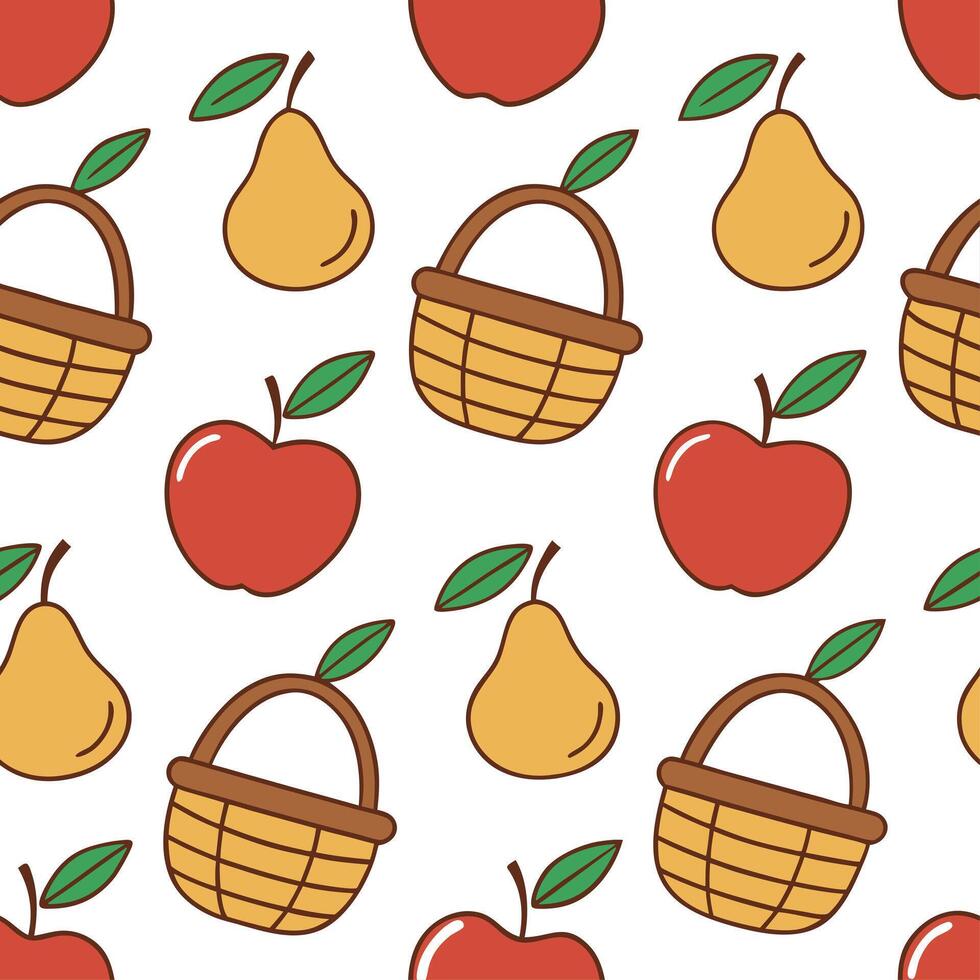 Autumn harvest seamless pattern with ripe apples pears and baskets for a natural farm inspired aesthetic concept as Farm inspired autumn harvest pattern featuring ripe apples pears Clear vector