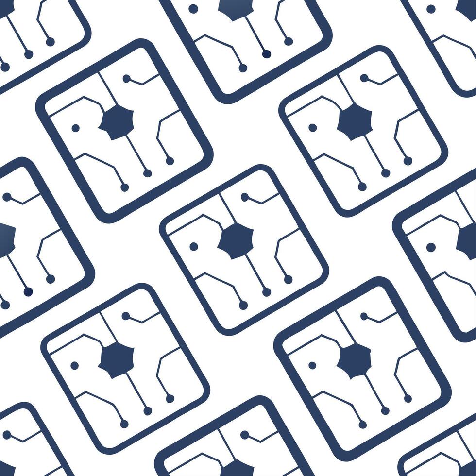 Arrange seamless collage tile sets joining iconic tech silhouettes with subtle circuit lines on white squares perfect for next gen brand imagery concept as Combine circuit inspired Clear vector