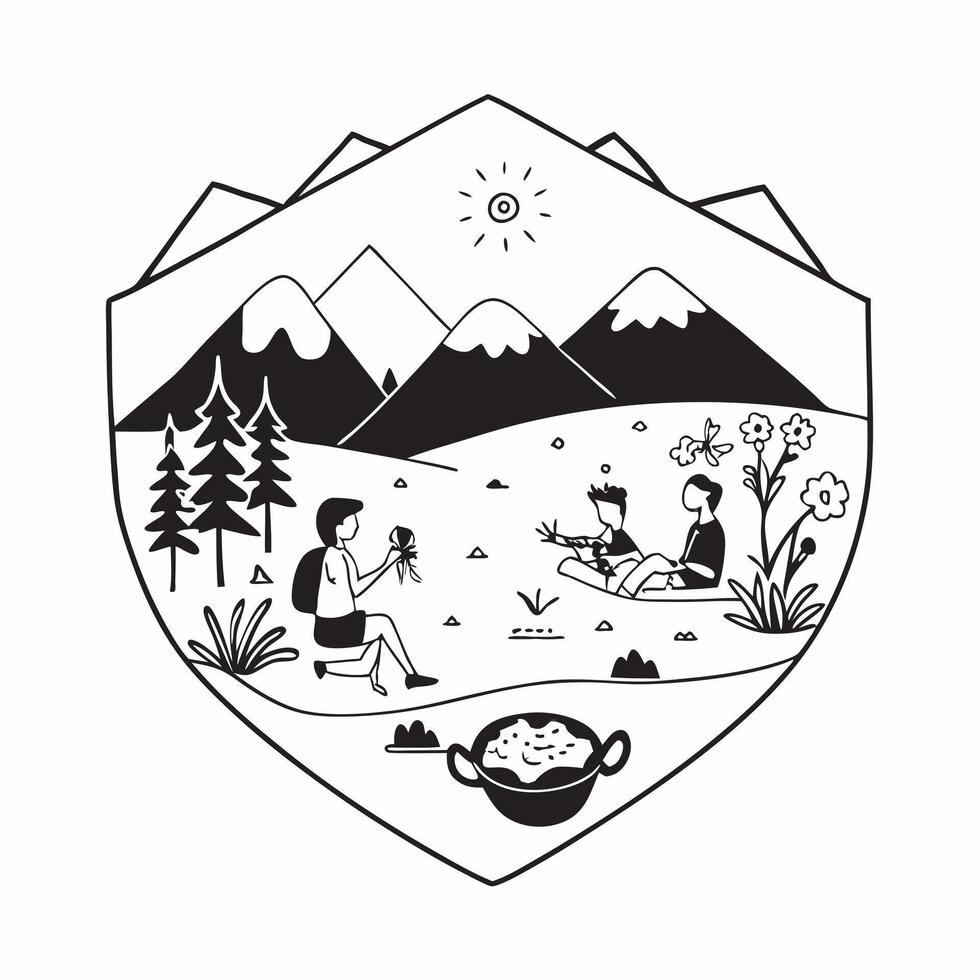 Alpine Meadows Picnic concept as Families enjoy a picnic in the vibrant Alpine meadows surrounded by panoramic mountain views and wildflowers in Photo Stock Concept Clear vector