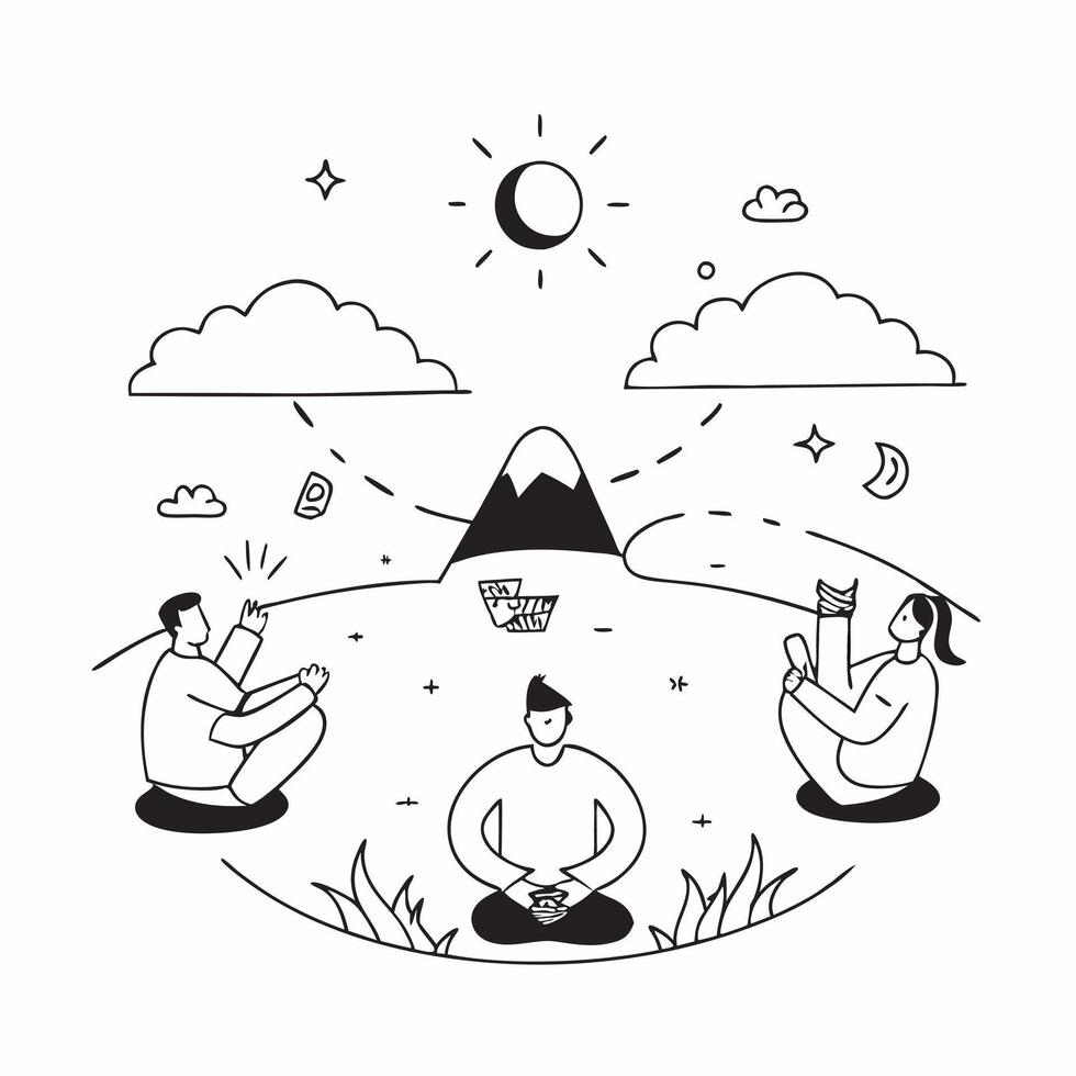Alpine Meadow Meditation concept as Individuals meditating in serene Alpine meadows connecting deeply with the tranquil and restorative natural environment in Photo Stock Concept Clear Set 2 vector