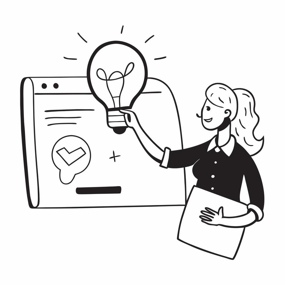 Woman with light bulb and laptop concept as A woman holding a light bulb next to her laptop representing the integration of new ideas into her work in Photo Stock Concept v1 vector