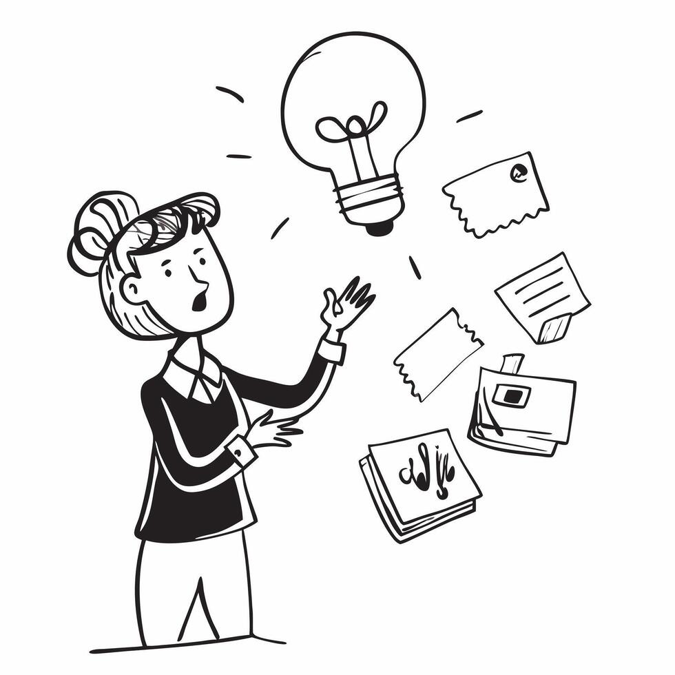 Woman with light bulb and sticky notes concept as A woman holding a light bulb surrounded by sticky notes representing the brainstorming and organization of new ideas for work in v1 vector