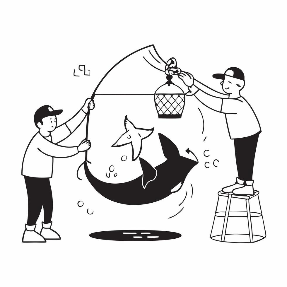 Wildlife rescuers freeing a dolphin concept as High resolution image of wildlife rescuers freeing a dolphin from a fishing net with a glossy backdrop symbolizing human efforts to s v1 vector