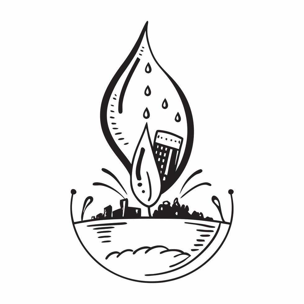 Water drop reflecting corporate headquarters concept as A water drop on a petal reflecting a corporate headquarters illustrating the blend of natural elements and business infrastr v1 vector